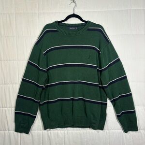 Nautica Coastal Staple Preppy RetroMen's Green and Navy Striped Crewneck Sweater